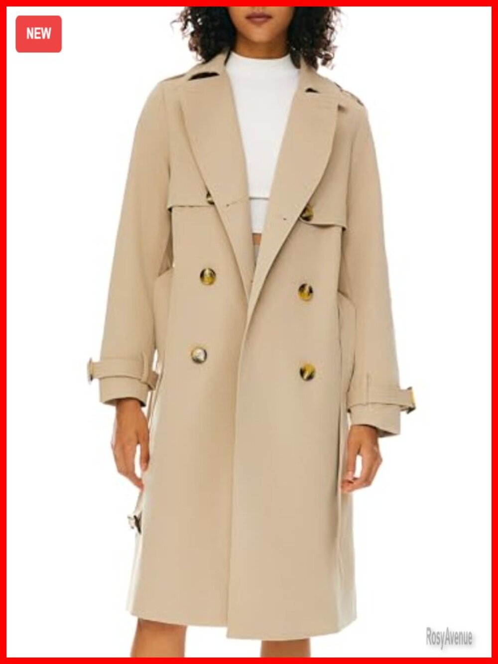 Women's Double Breasted Trench Coat 3/4 Length Belted Lapel Jacket